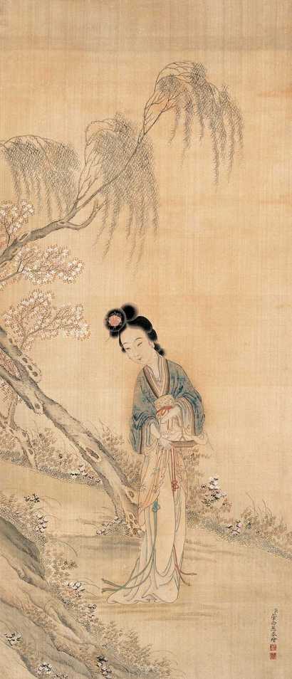 管念慈 柳荫仕女 立轴